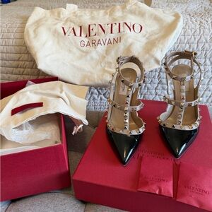 Valentino Garavani Black Patent Leather Rockstud T-Strap Pumps with Nude Trim